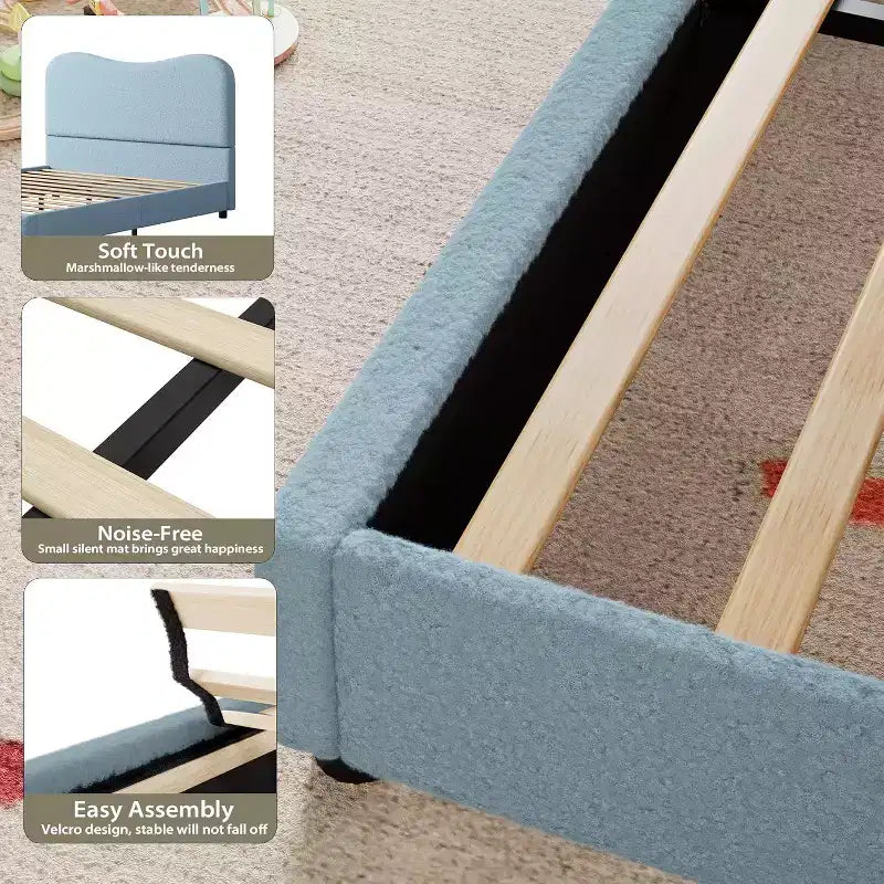 Soft Upholstered Kids Bed Frame, Twin Size, Low Profile, Strong Wood Slats, No Box Spring