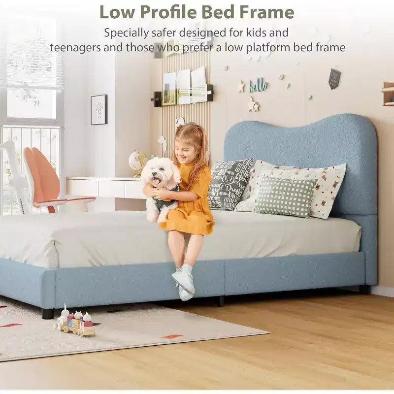 Soft Upholstered Kids Bed Frame, Twin Size, Low Profile, Strong Wood Slats, No Box Spring