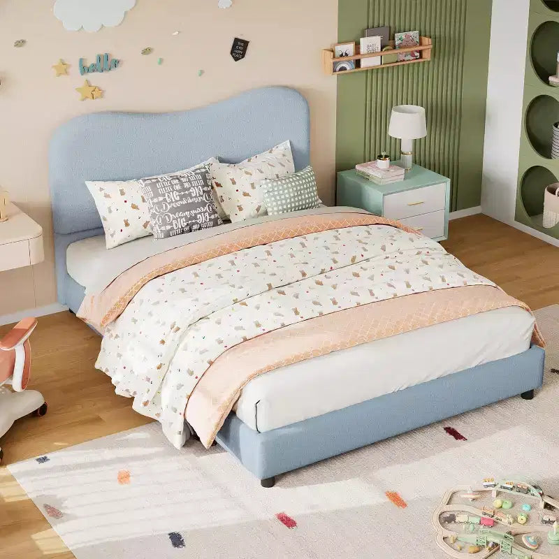Soft Upholstered Kids Bed Frame, Twin Size, Low Profile, Strong Wood Slats, No Box Spring