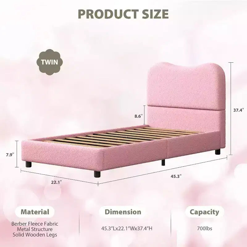 Soft Upholstered Kids Bed Frame, Twin Size, Low Profile, Strong Wood Slats, No Box Spring