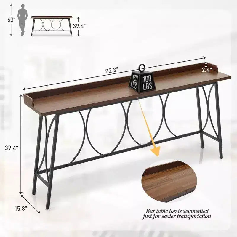 82.28in High Top Modern Bar Table for Home Bar Coffee Station Kitchen Dining and Console Use in Brown