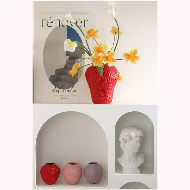 Hand-Painted Ceramic Strawberry Vase, Modern Minimalist Glazed Ornament for Hydroponic