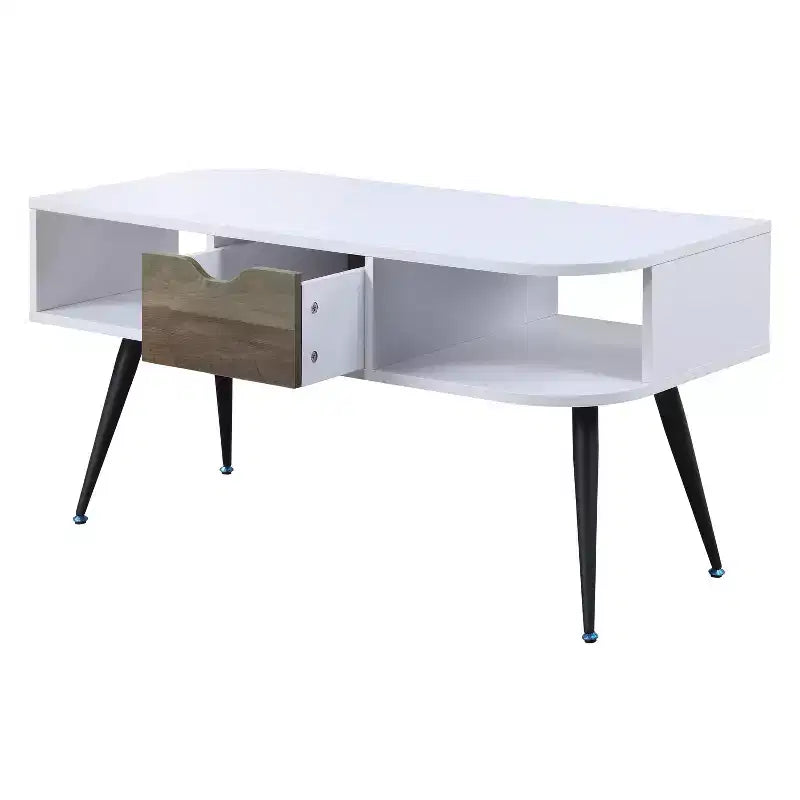 White and Black Modern Coffee Table with 1 Drawer, Two Open Compartments Powder Coated Metal Legs Living Room Table