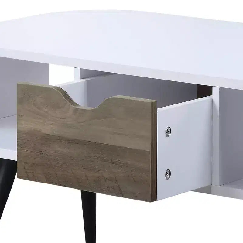 White and Black Modern Coffee Table with 1 Drawer, Two Open Compartments Powder Coated Metal Legs Living Room Table
