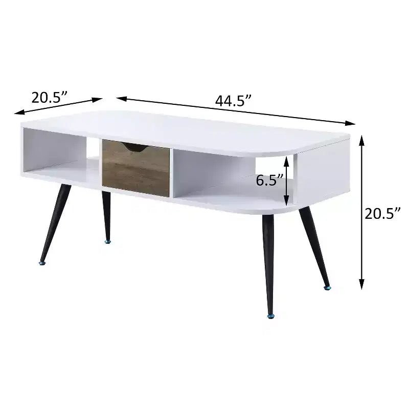 White and Black Modern Coffee Table with 1 Drawer, Two Open Compartments Powder Coated Metal Legs Living Room Table