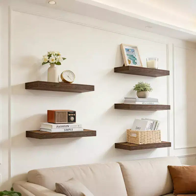 Floating Wall Shelves, Rustic Wall Mounted Shelves with Metal Brackets, Wood Display Shelves for Bedroom, Living Room, Bathroom, Plants & Decor