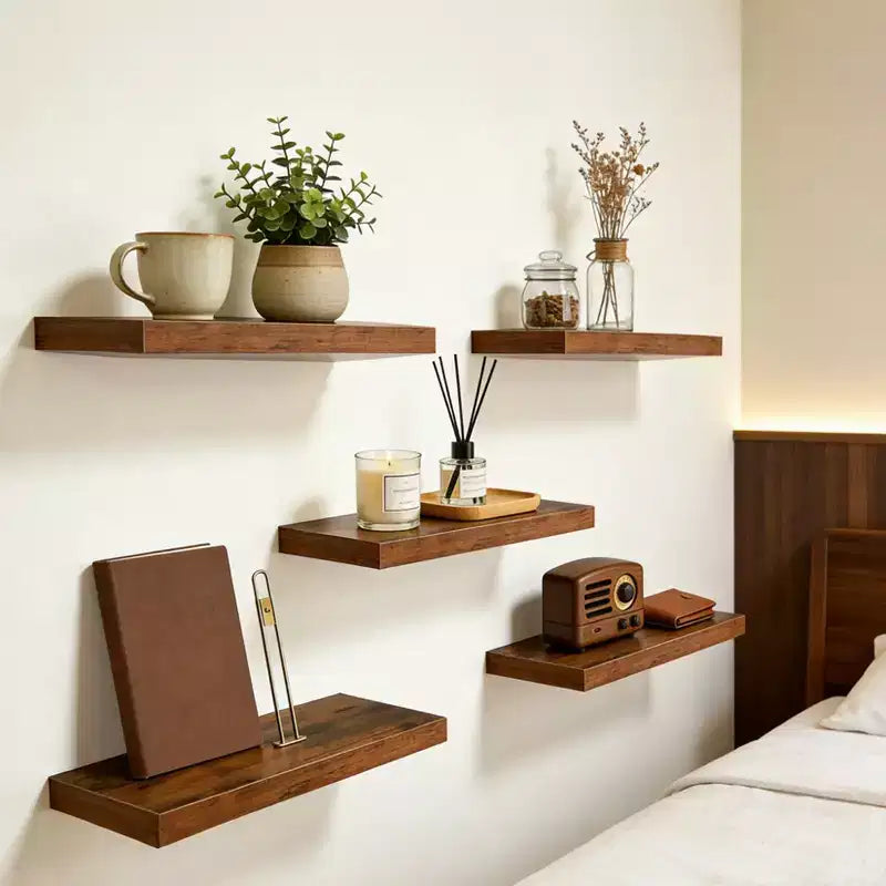 Floating Wall Shelves, Rustic Wall Mounted Shelves with Metal Brackets, Wood Display Shelves for Bedroom, Living Room, Bathroom, Plants & Decor