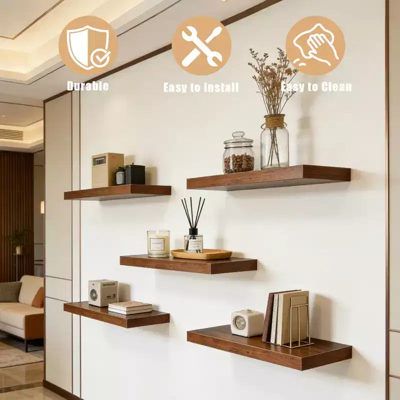 Floating Wall Shelves, Rustic Wall Mounted Shelves with Metal Brackets, Wood Display Shelves for Bedroom, Living Room, Bathroom, Plants & Decor