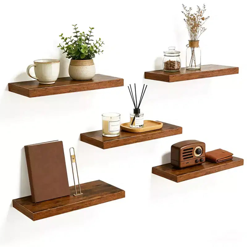 Floating Wall Shelves, Rustic Wall Mounted Shelves with Metal Brackets, Wood Display Shelves for Bedroom, Living Room, Bathroom, Plants & Decor