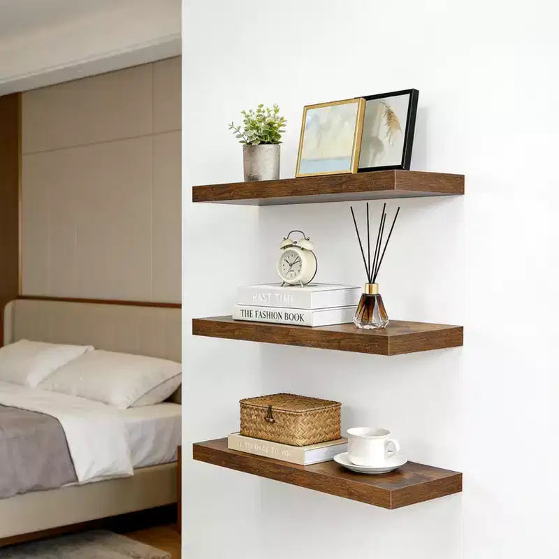 Floating Wall Shelves, Rustic Wall Mounted Shelves with Metal Brackets, Wood Display Shelves for Bedroom, Living Room, Bathroom, Plants & Decor