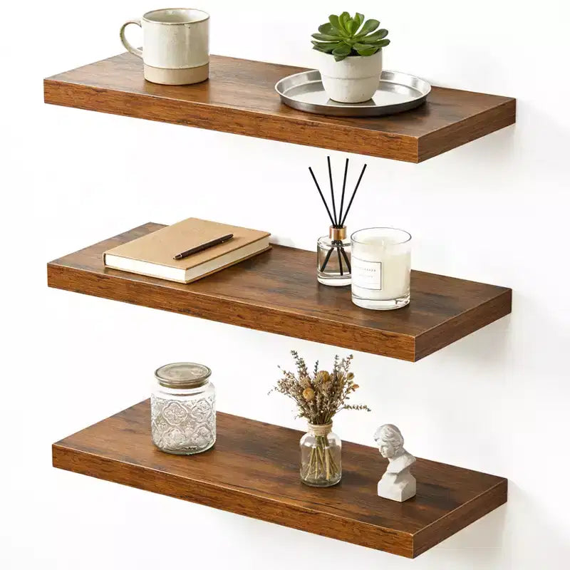Floating Wall Shelves, Rustic Wall Mounted Shelves with Metal Brackets, Wood Display Shelves for Bedroom, Living Room, Bathroom, Plants & Decor