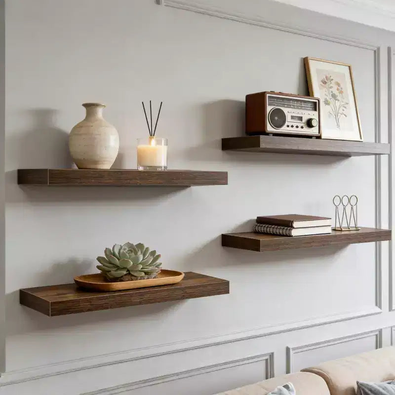 Floating Wall Shelves, Rustic Wall Mounted Shelves with Metal Brackets, Wood Display Shelves for Bedroom, Living Room, Bathroom, Plants & Decor