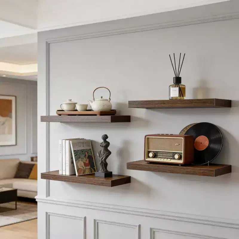 Floating Wall Shelves, Rustic Wall Mounted Shelves with Metal Brackets, Wood Display Shelves for Bedroom, Living Room, Bathroom, Plants & Decor