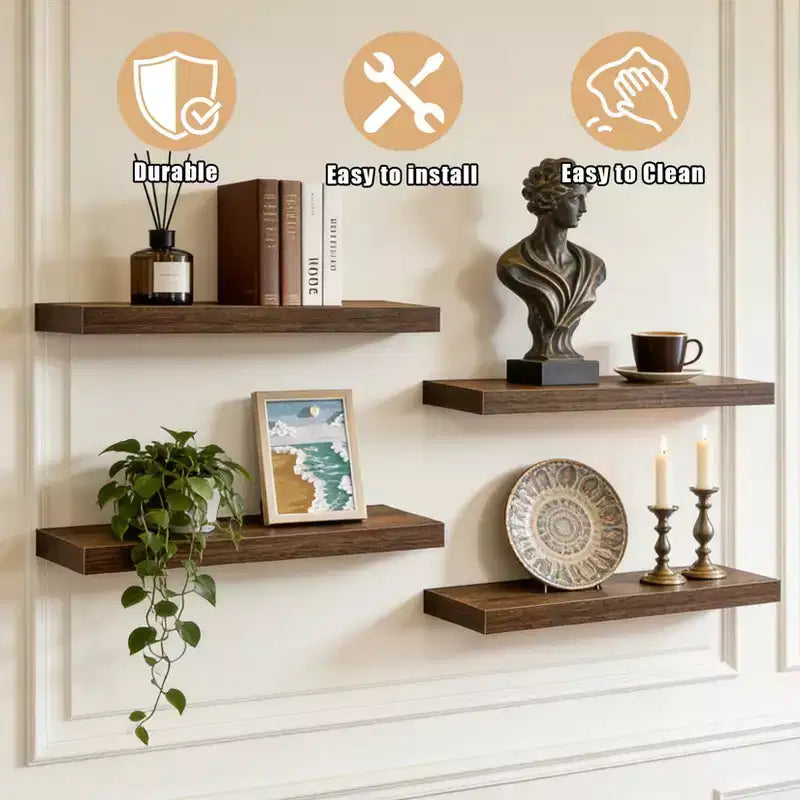 Floating Wall Shelves, Rustic Wall Mounted Shelves with Metal Brackets, Wood Display Shelves for Bedroom, Living Room, Bathroom, Plants & Decor