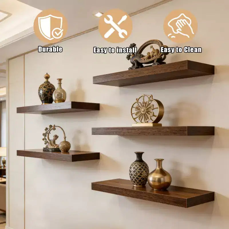 Floating Wall Shelves, Rustic Wall Mounted Shelves with Metal Brackets, Wood Display Shelves for Bedroom, Living Room, Bathroom, Plants & Decor