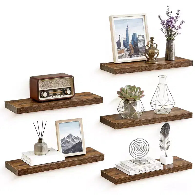 Floating Wall Shelves, Rustic Wall Mounted Shelves with Metal Brackets, Wood Display Shelves for Bedroom, Living Room, Bathroom, Plants & Decor