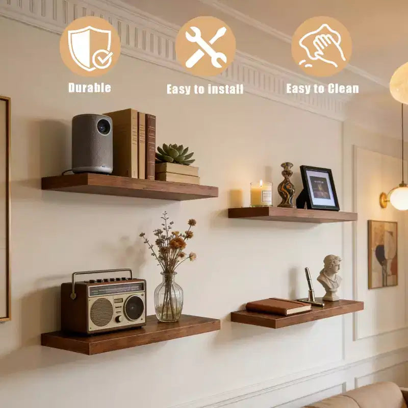 Floating Wall Shelves, Rustic Wall Mounted Shelves with Metal Brackets, Wood Display Shelves for Bedroom, Living Room, Bathroom, Plants & Decor