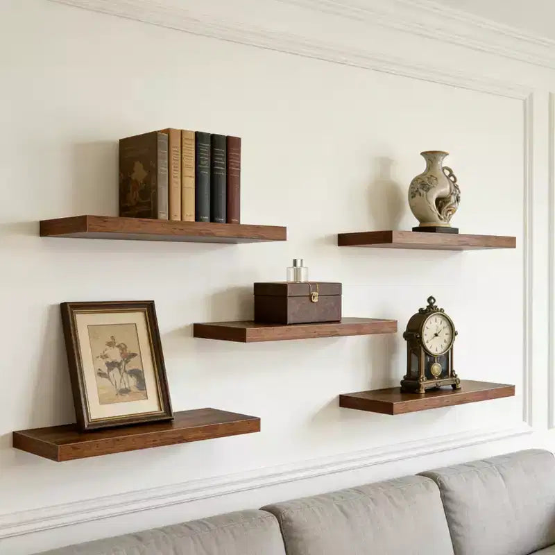 Floating Wall Shelves, Rustic Wall Mounted Shelves with Metal Brackets, Wood Display Shelves for Bedroom, Living Room, Bathroom, Plants & Decor