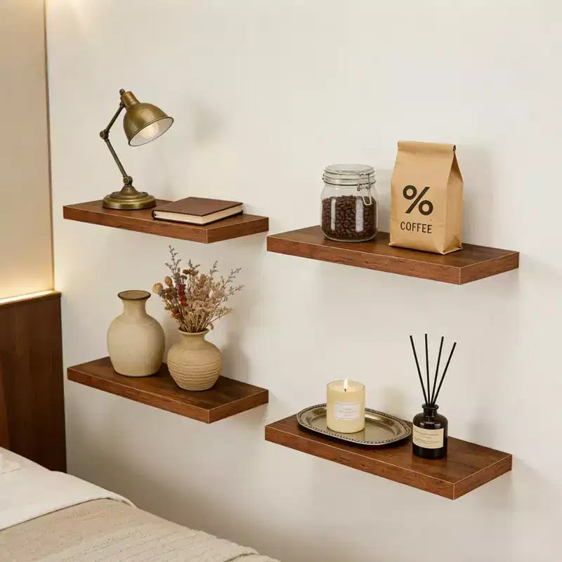 Floating Wall Shelves, Rustic Wall Mounted Shelves with Metal Brackets, Wood Display Shelves for Bedroom, Living Room, Bathroom, Plants & Decor