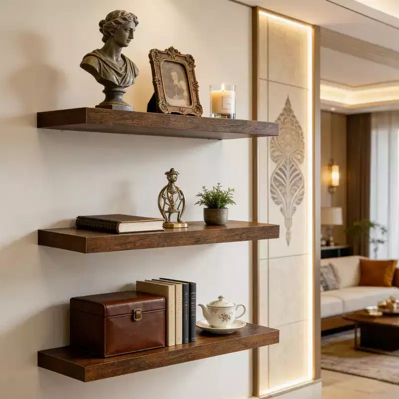 Floating Wall Shelves, Rustic Wall Mounted Shelves with Metal Brackets, Wood Display Shelves for Bedroom, Living Room, Bathroom, Plants & Decor