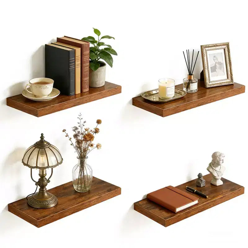 Floating Wall Shelves, Rustic Wall Mounted Shelves with Metal Brackets, Wood Display Shelves for Bedroom, Living Room, Bathroom, Plants & Decor