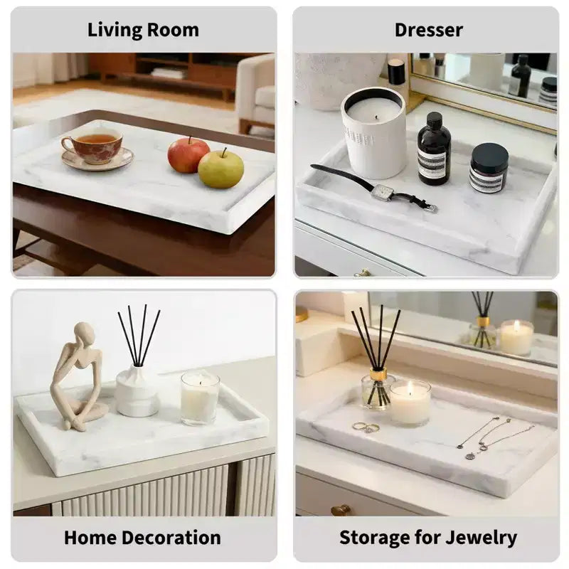 Elegant Natural Marble Jewelry Tray Organizer, Mom's Day Gift Genuine Marble Stone Tray for Vanity Bathroom Home Decor