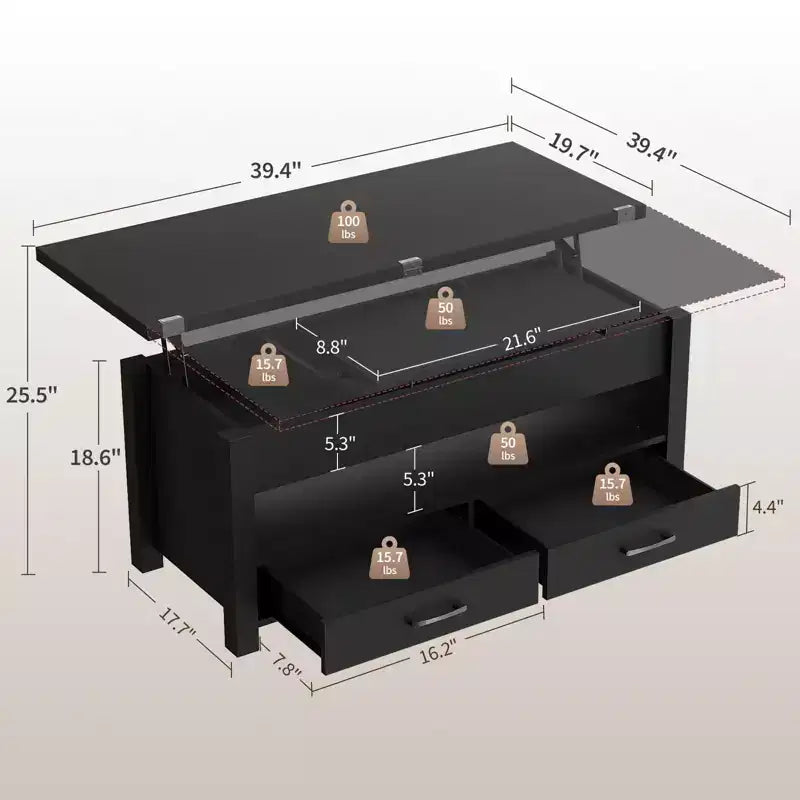 40 Inch Lift Top Coffee Table, Multi-Function Convertible Table with Drawers & Hidden Compartment for Living Room and Dining Use