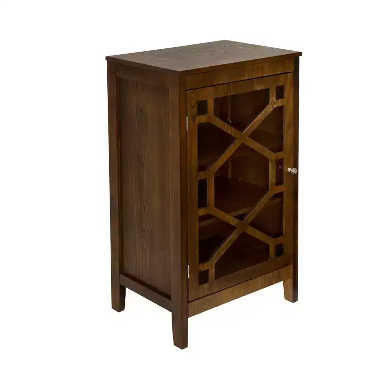 Fetti Lacquered MDF Cabinet with Tempered Glass Door – Brown, 3-Shelf Storage
