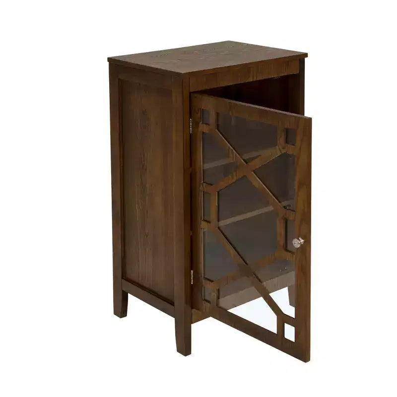 Fetti Lacquered MDF Cabinet with Tempered Glass Door – Brown, 3-Shelf Storage