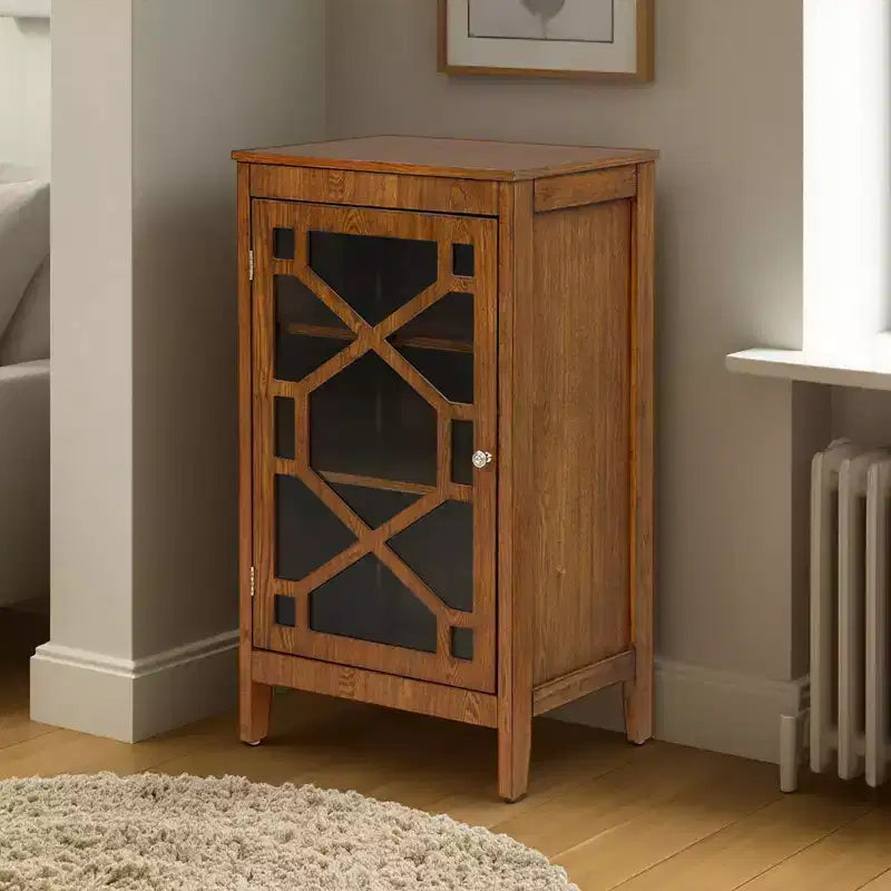Fetti Lacquered MDF Cabinet with Tempered Glass Door – Brown, 3-Shelf Storage