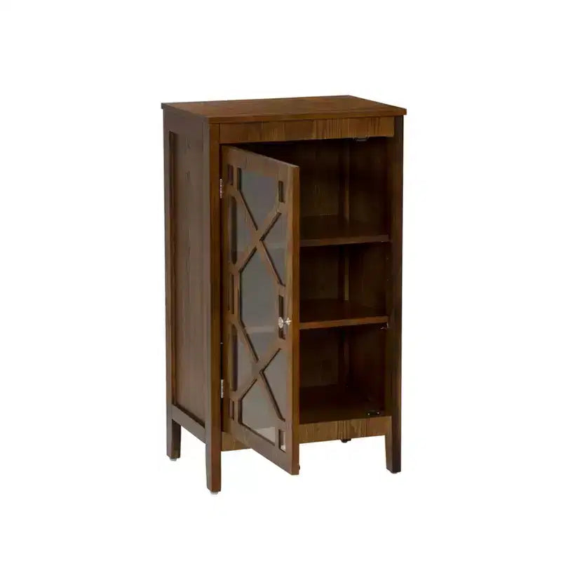 Fetti Lacquered MDF Cabinet with Tempered Glass Door – Brown, 3-Shelf Storage