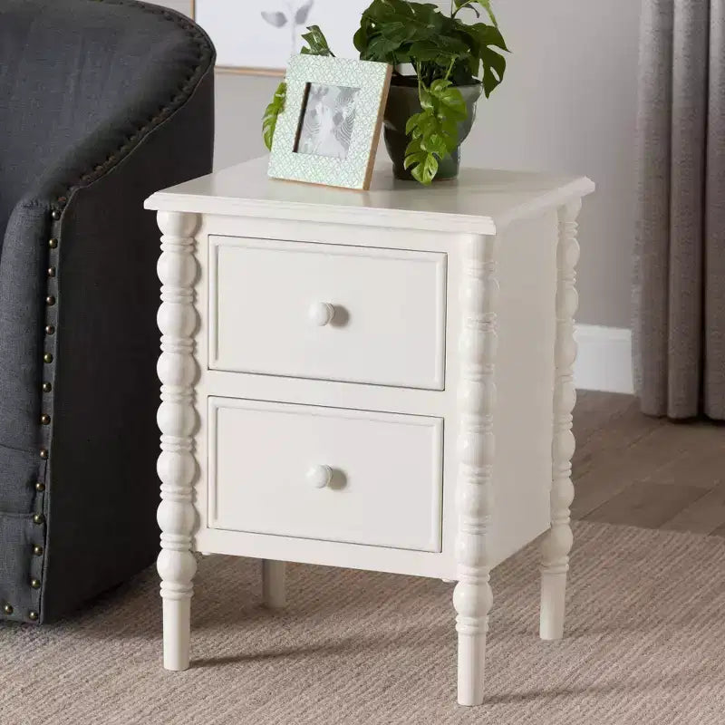 Wood 2 Drawer End Table with Spindle Legs White