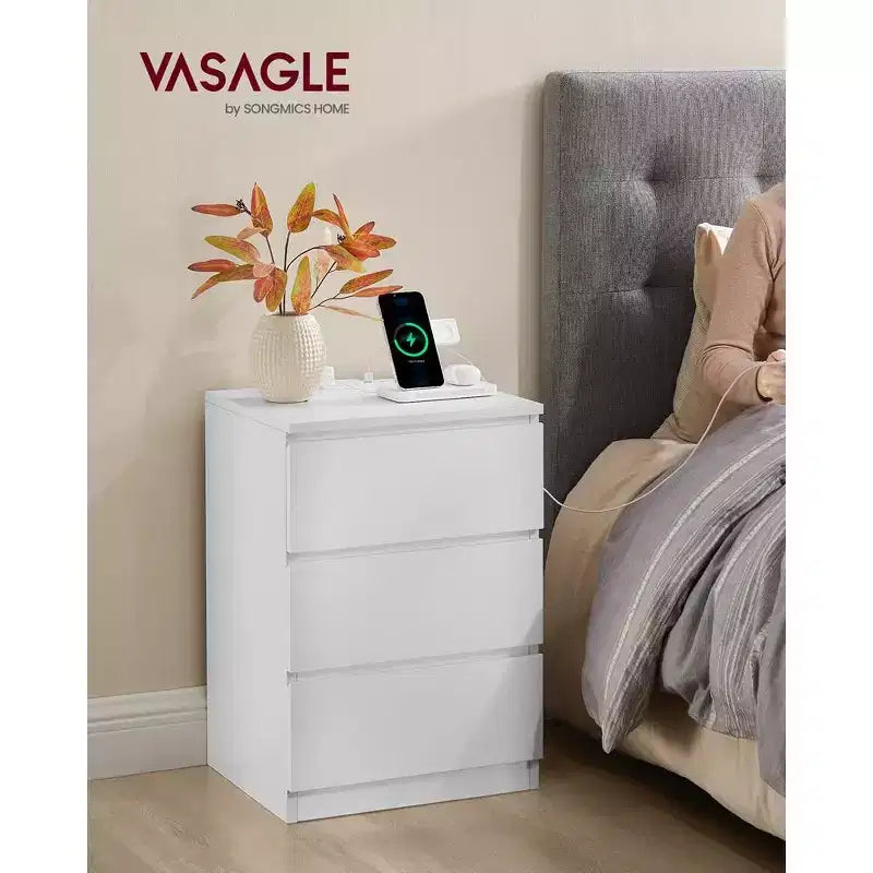 Nightstand with Charging Station, Bedside Table, Side End Table with 3 Drawers, 2 AC Outlets, 2 USB Ports, Beveled Drawer Fronts