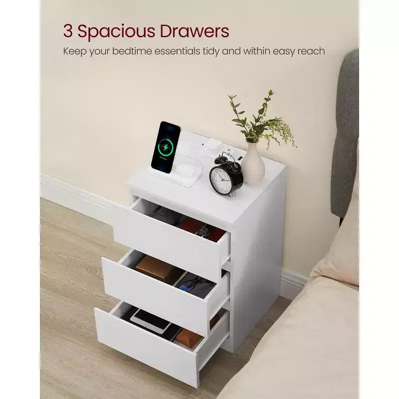 Nightstand with Charging Station, Bedside Table, Side End Table with 3 Drawers, 2 AC Outlets, 2 USB Ports, Beveled Drawer Fronts