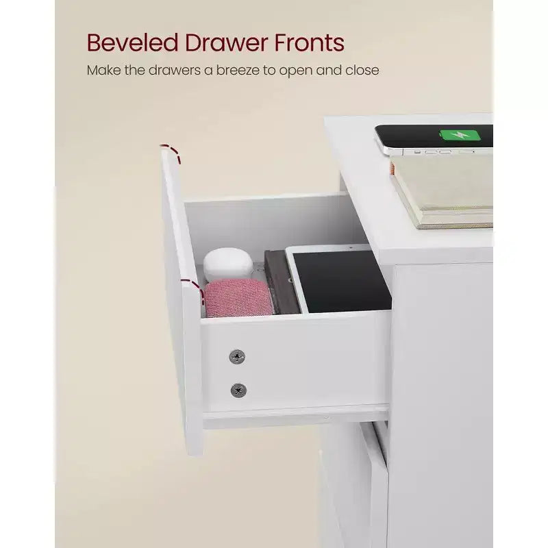 Nightstand with Charging Station, Bedside Table, Side End Table with 3 Drawers, 2 AC Outlets, 2 USB Ports, Beveled Drawer Fronts