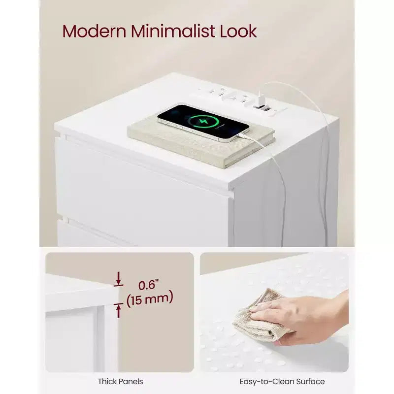 Nightstand with Charging Station, Bedside Table, Side End Table with 3 Drawers, 2 AC Outlets, 2 USB Ports, Beveled Drawer Fronts
