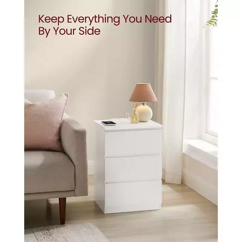 Nightstand with Charging Station, Bedside Table, Side End Table with 3 Drawers, 2 AC Outlets, 2 USB Ports, Beveled Drawer Fronts