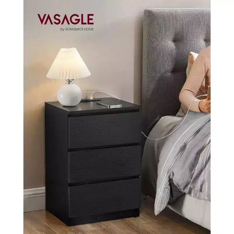 Nightstand with Charging Station, Bedside Table, Side End Table with 3 Drawers, 2 AC Outlets, 2 USB Ports, Beveled Drawer Fronts