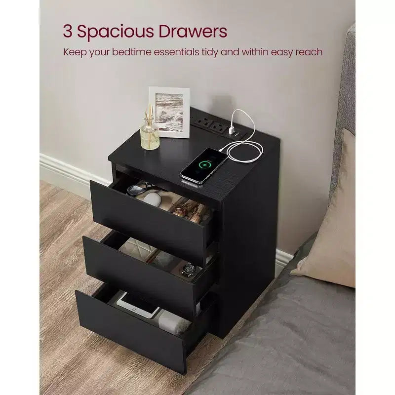 Nightstand with Charging Station, Bedside Table, Side End Table with 3 Drawers, 2 AC Outlets, 2 USB Ports, Beveled Drawer Fronts