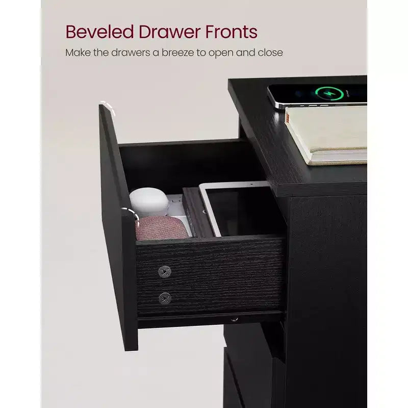 Nightstand with Charging Station, Bedside Table, Side End Table with 3 Drawers, 2 AC Outlets, 2 USB Ports, Beveled Drawer Fronts