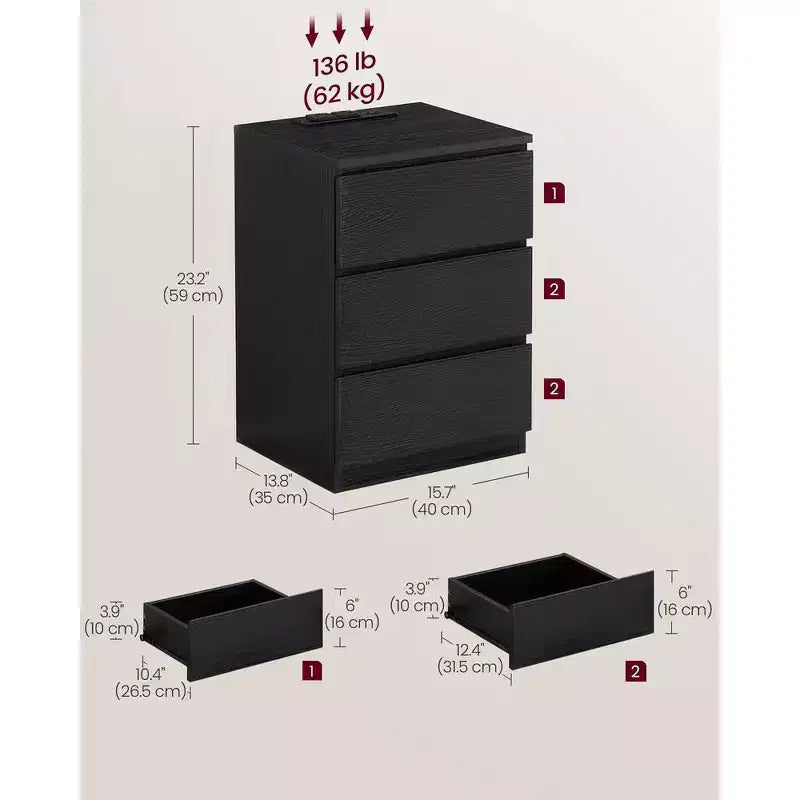 Nightstand with Charging Station, Bedside Table, Side End Table with 3 Drawers, 2 AC Outlets, 2 USB Ports, Beveled Drawer Fronts