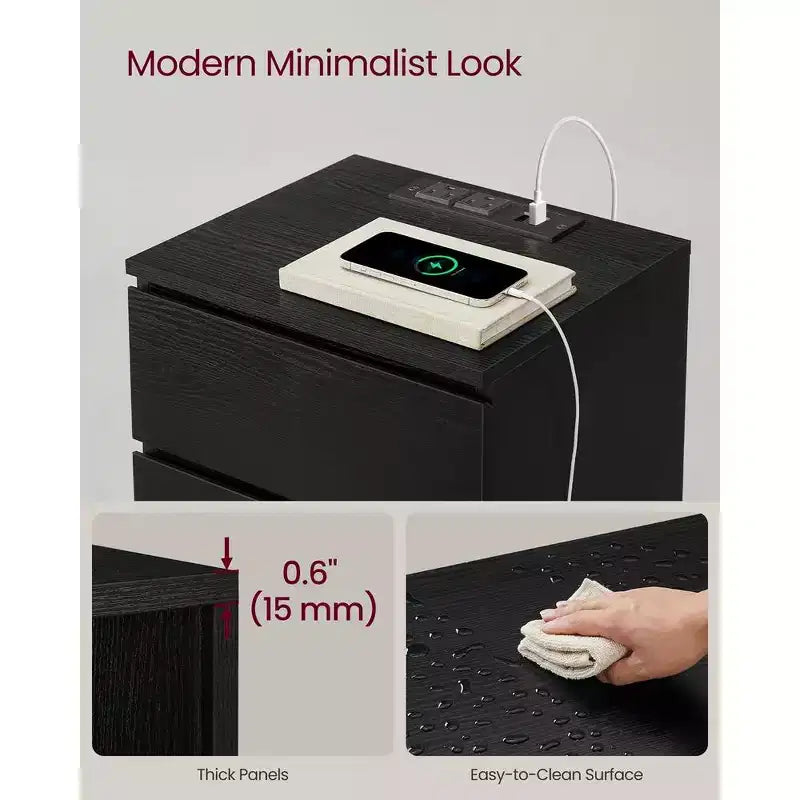 Nightstand with Charging Station, Bedside Table, Side End Table with 3 Drawers, 2 AC Outlets, 2 USB Ports, Beveled Drawer Fronts