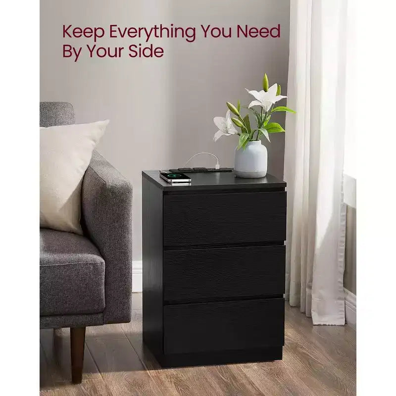 Nightstand with Charging Station, Bedside Table, Side End Table with 3 Drawers, 2 AC Outlets, 2 USB Ports, Beveled Drawer Fronts