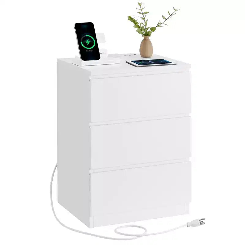 Nightstand with Charging Station, Bedside Table, Side End Table with 3 Drawers, 2 AC Outlets, 2 USB Ports, Beveled Drawer Fronts