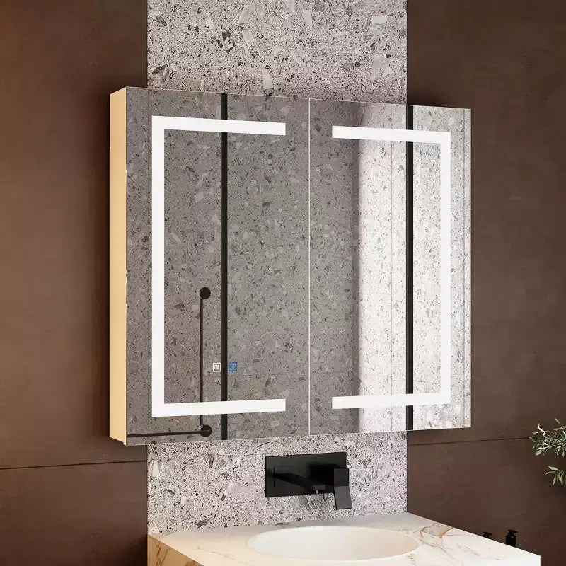 White Anti-Fog Bathroom Medicine Cabinet with Lights and Two Mirror Doors