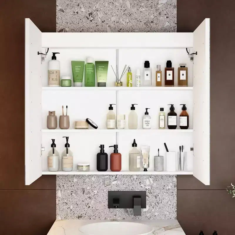 White Anti-Fog Bathroom Medicine Cabinet with Lights and Two Mirror Doors