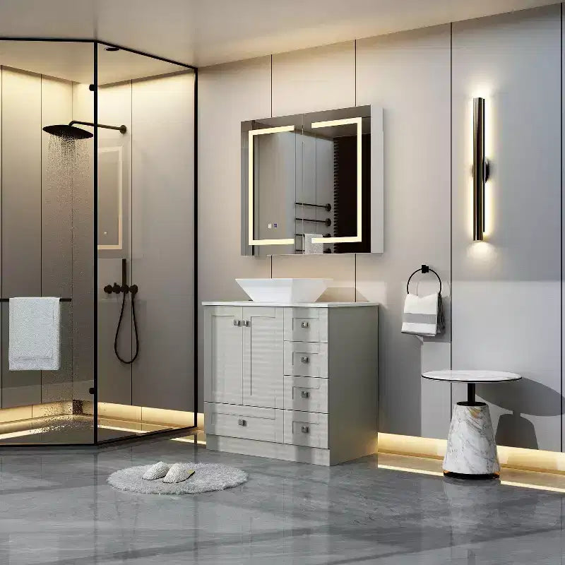 White Anti-Fog Bathroom Medicine Cabinet with Lights and Two Mirror Doors