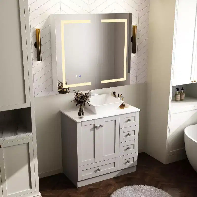 White Anti-Fog Bathroom Medicine Cabinet with Lights and Two Mirror Doors