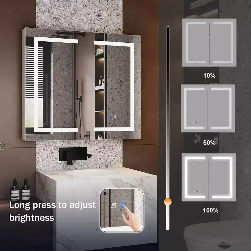 White Anti-Fog Bathroom Medicine Cabinet with Lights and Two Mirror Doors