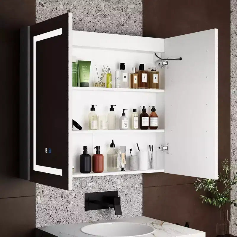 White Anti-Fog Bathroom Medicine Cabinet with Lights and Two Mirror Doors